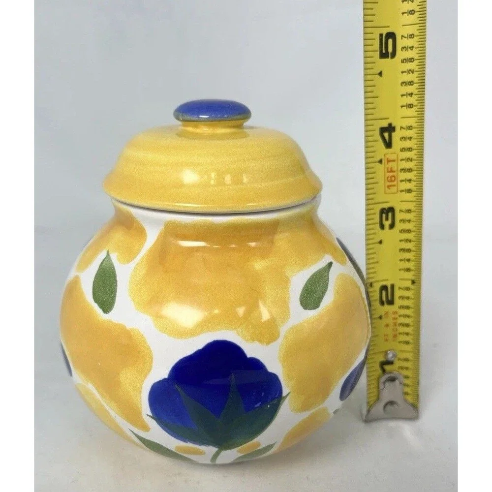 Dansk Portugal Hand Painted St Tropez Sugar Bowl & Lid Yellow Blue Flower EUC